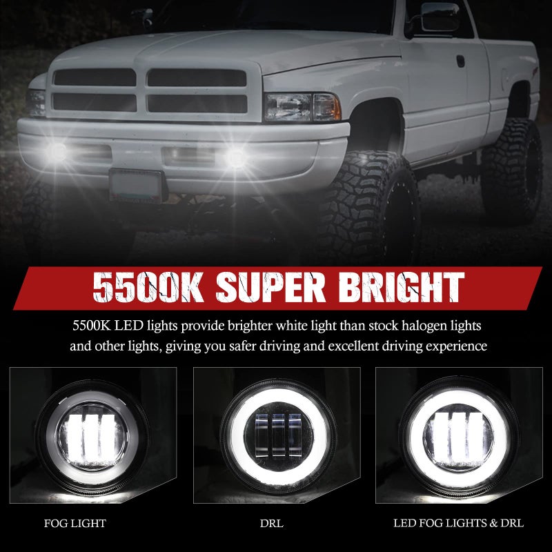 BUNKER INDUST Dodge Ram LED Fog Lights with Daytime Running Lights Set,1 Pair Clear Lens Fog Lamps Replacement for 1994 1995 1996 1997 1998 1999 2000 2001 2002 Dodge Ram 1500 2500 3500 - Image 3